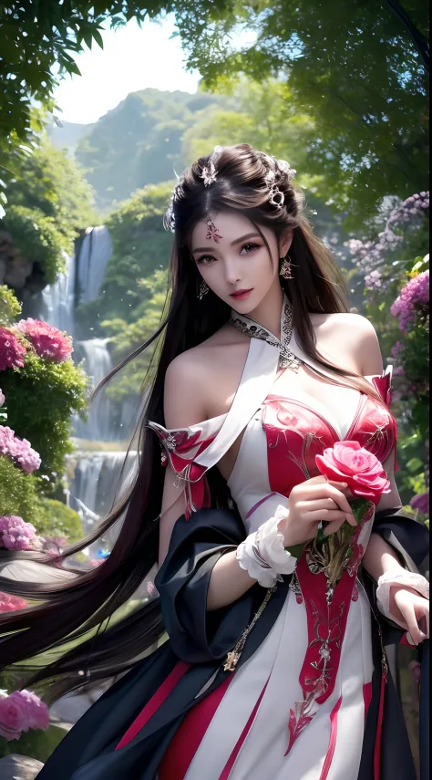 8k ultra hd, mastermiece, a girl, good face, detailed, eyes, beautiful lips, very hong hair, spreading hair, medium breasts, wedding dress, 
black dress, in the park, flying birds, blowing winds, clear weather, whole body capture,