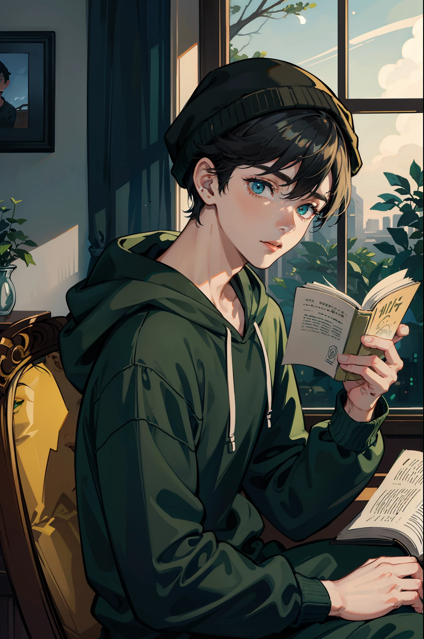 1 Boy, Perfect Face, Perfect eyes, Master Piece, highly detailed, Sitting at desk reading a book next to window, Moonlight highlights everything, wearing black hoodie, Green Beanie, black hair, Joggers black,