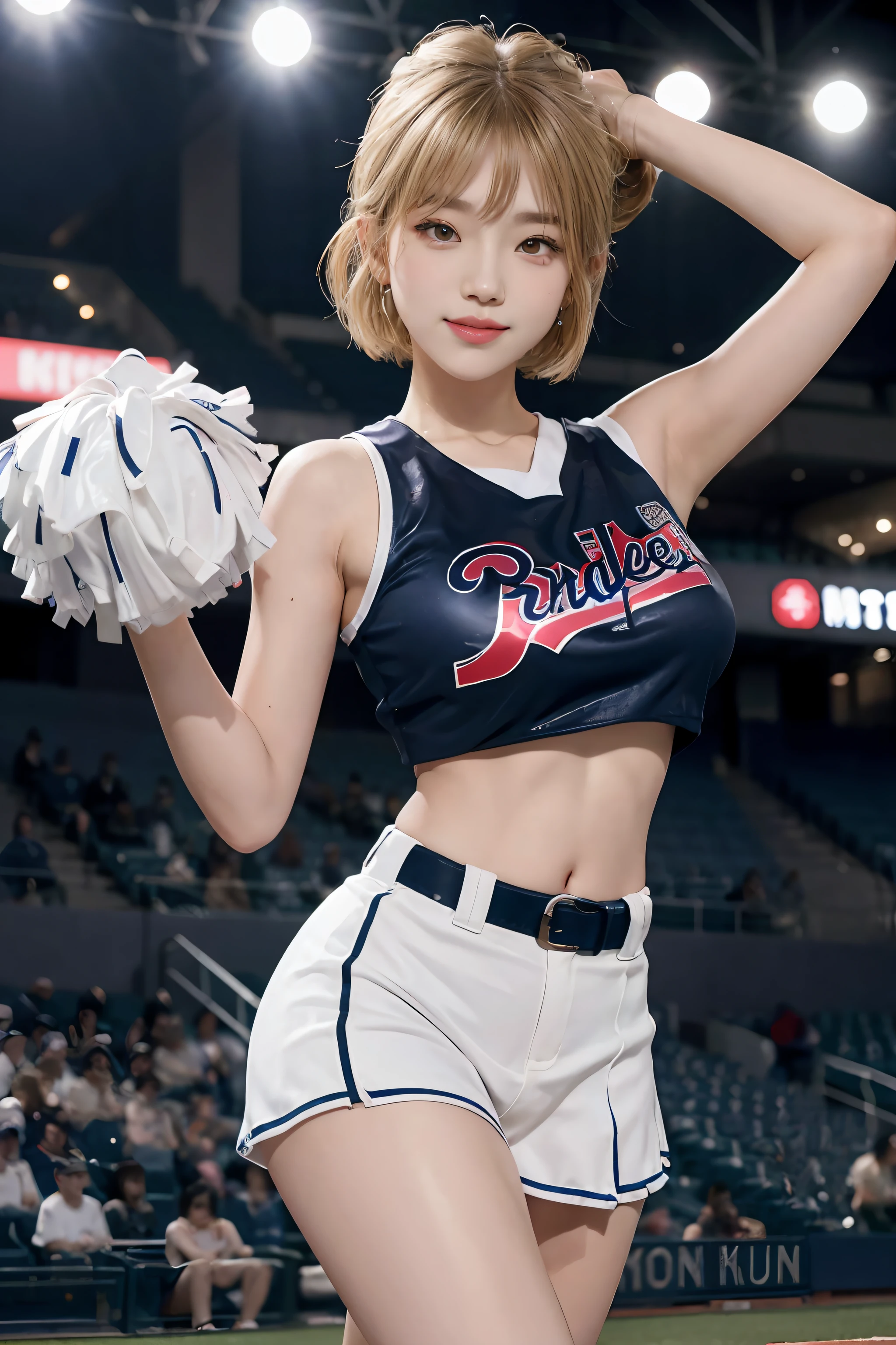 かっこいい韓国人, 大きな丸い胸, 胸骨, チアリーダー, baseball team チアリーダー, スカート, 細部まで美しい目, まつげ, 美しい二重まぶた, アイシャドウ, 細長い目, 完璧なアイメイク, 誘惑的な微笑み, 美しく細い脚, ライトブロンド, ボブカット, ポニーテール, 様々なヘアスタイル, イヤリング, 夜の野球場に立つ, 下着が見えている