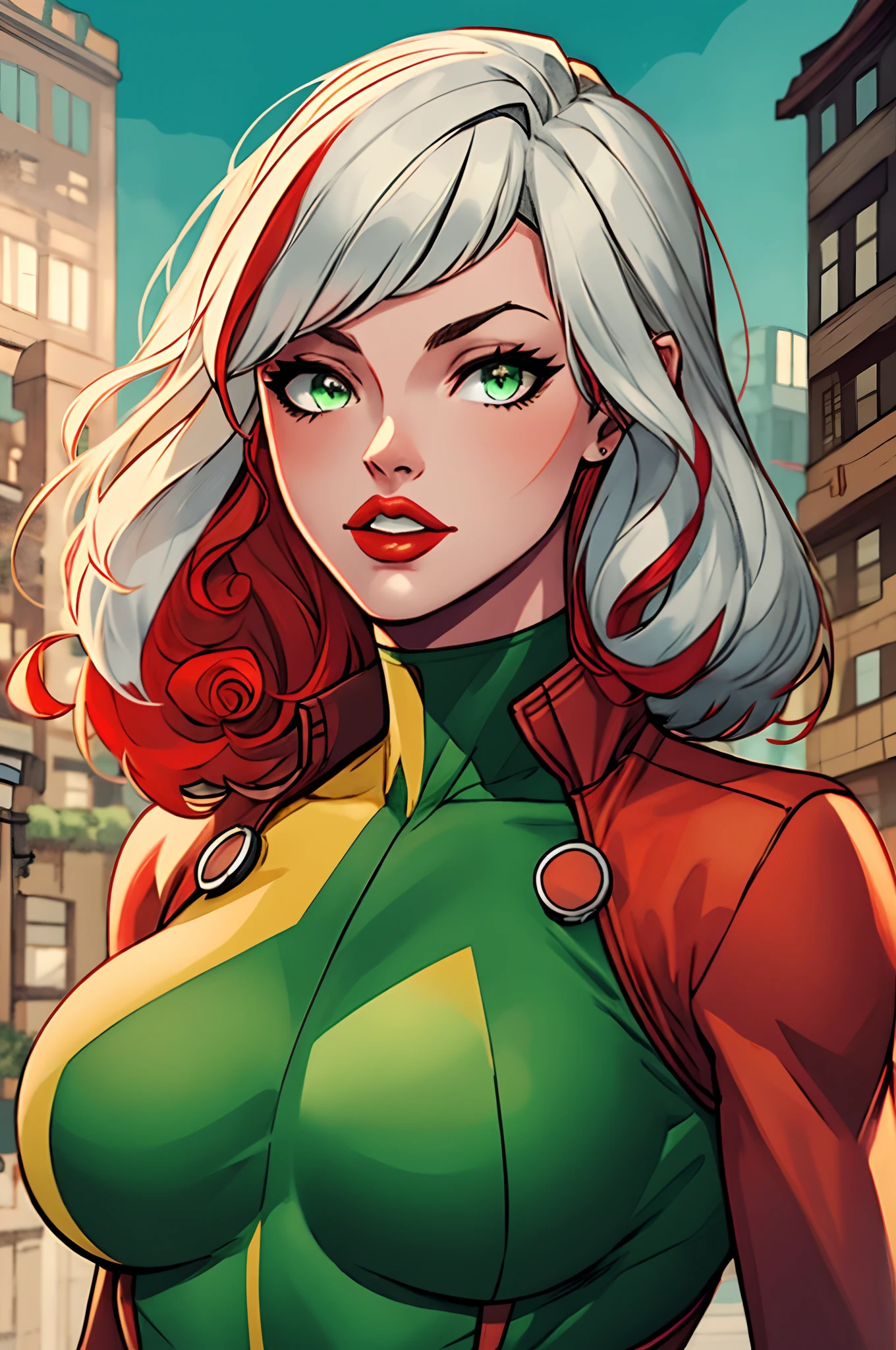 masterpiece, best quality, 1girl, red lips, solo, bomber jacket, green eyes, green and yellow body suit, curly hair, multicolored hair, white hair, red hair, auburn hair, two-tone hair,ombre , Rogue of the X-men, Anna Lebeau, bangs,  side lighting, skiny skin, portrait, superhero,best illustration, city background,