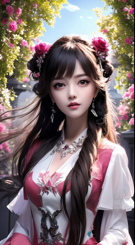 8k ultra hd, mastermiece, a girl, good face, detailed, eyes, beautiful lips, very hong hair, spreading hair, medium breasts, wedding dress, pink dress, in the park, flying birds, glowing, clear weather, whole body capture,
