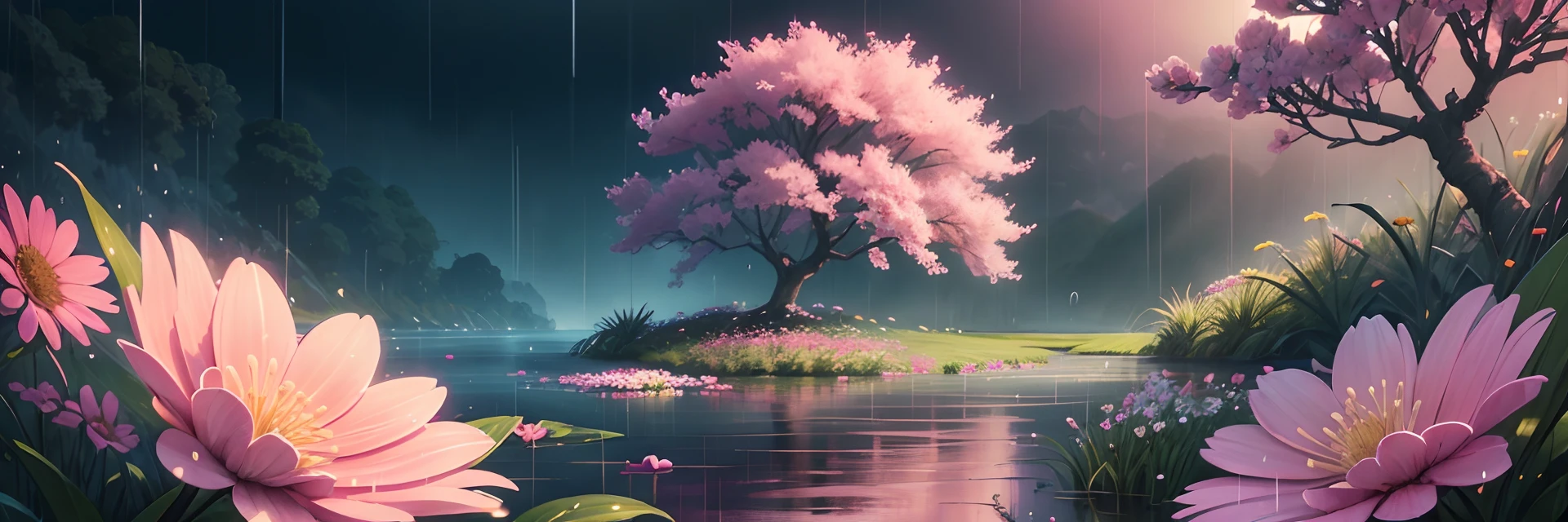 Nature, relaxing, peace , raining, flowers, blossoms, pink, pink color theme, monsoon , fresh,  happy , rainy weather ,colorful, happy, simple picture, close-up, visual impact, 3D DreamWorks style,