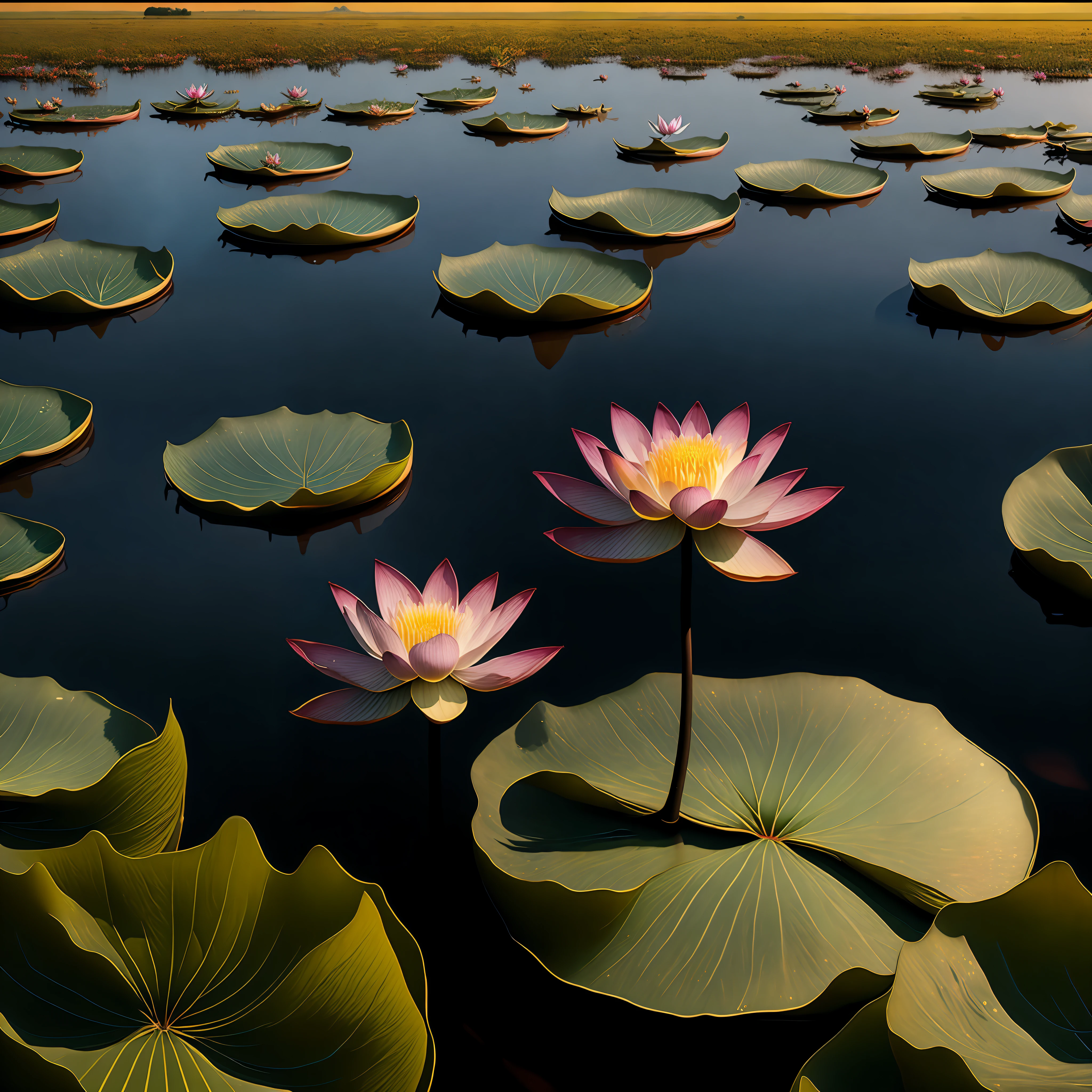 En la superficie del lago hay un árbol de loto.，profundidad de campos，gran cantidad de colores，composición centrada，Calidad de estudio de fotografía.，calidad 4k，Detalles ultradetallados