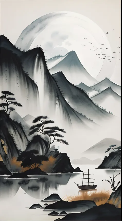 ink and watercolor painting，Draw on rice paper，Use thick, Light ink to create shading variations and layers，Choose the right ink color，Such as deep black、Thick gray、Light coffee, etc，Express different situations and atmospheres，Control the gradient and tra...