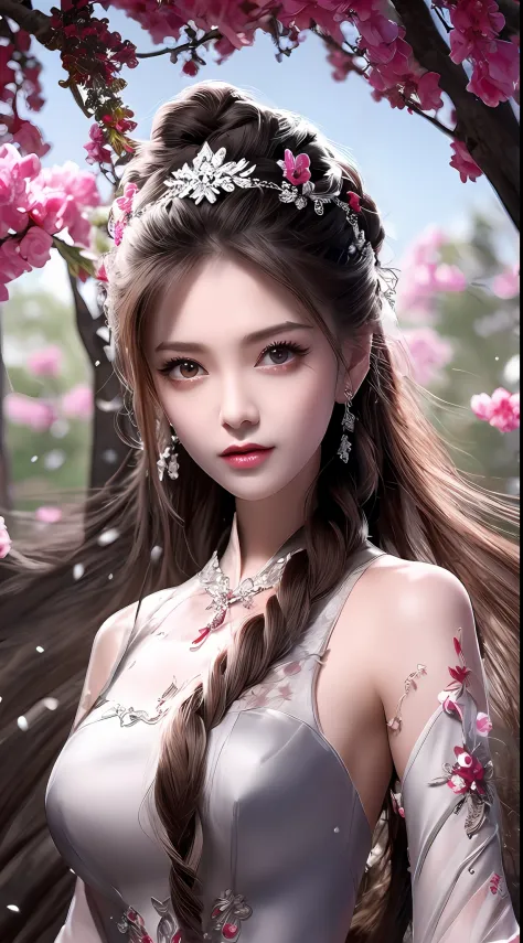 8k ultra hd, mastermiece, a girl, good face, detailed, eyes, beautiful lips, very hong hair, spreading hair, medium breasts, wedding dress, pink dress, in the park, flying birds, glowing, clear weather, sitting, whole body capture,