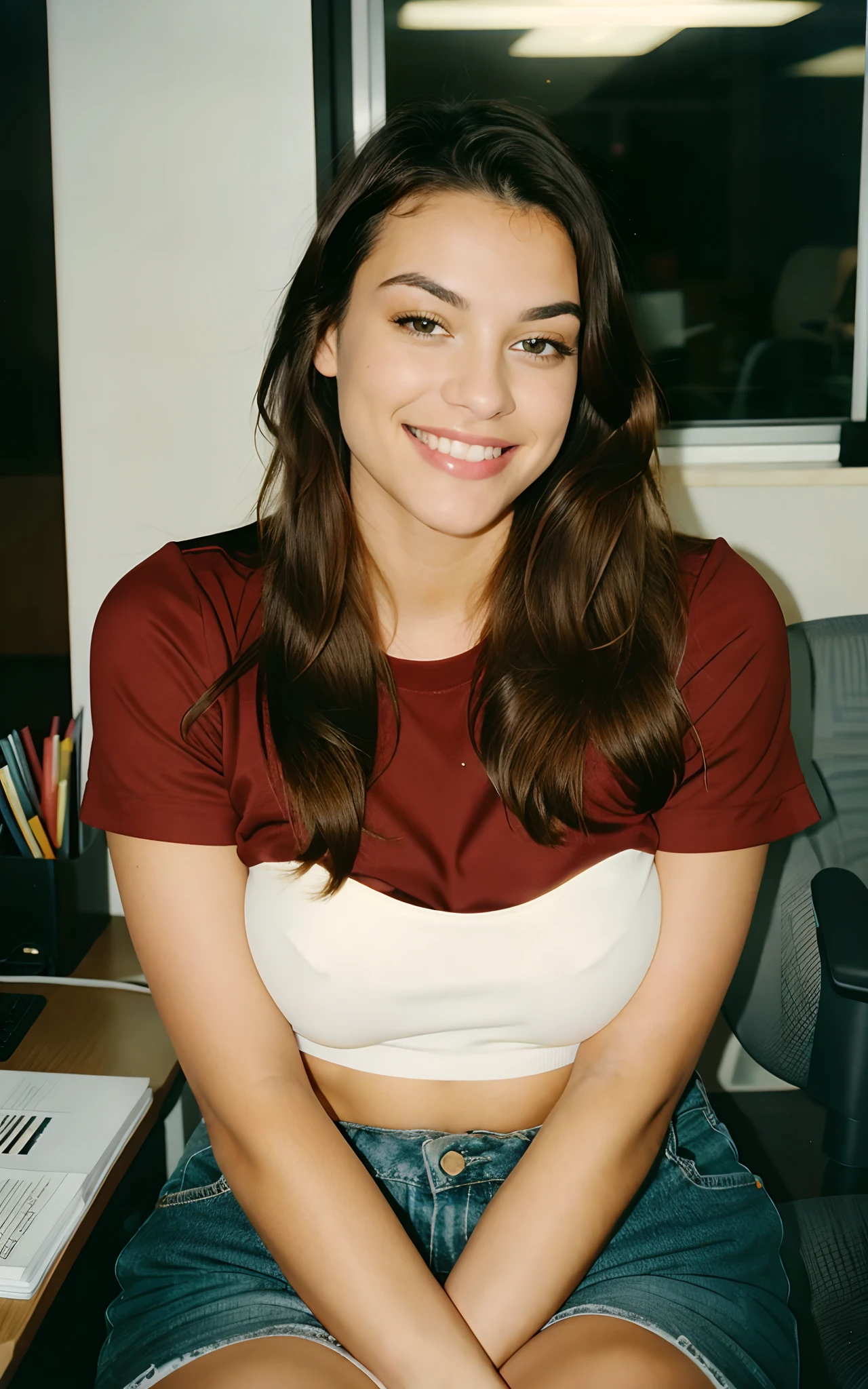 Kodak disposable camera photo of a beautiful female, smiling suggestively, sitting in an office, vintage, old filter