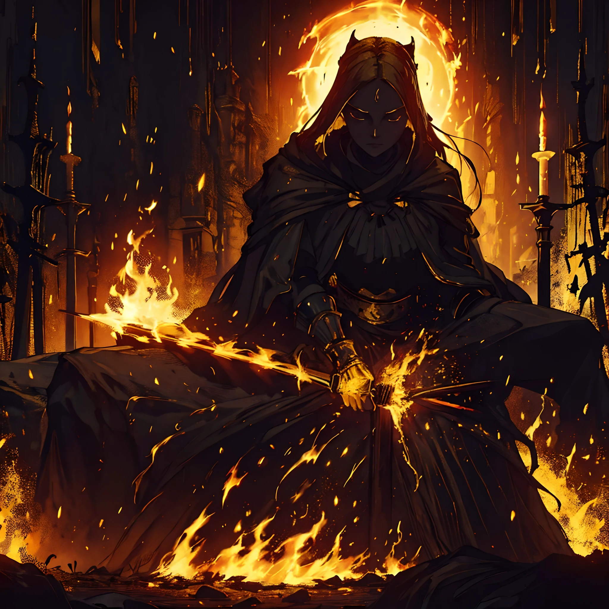 (Masterpiece, best_quality), 1girl, a beautiful woman in a black_robe, golden_hair, golden_linings, Firekeeper_Dark_Souls_3, Dark_souls_3, Fire, Ashes, Shrine, Firelink_Shrine, underground, wide_hips, Somber_atmosphere, Vivid, bright, high_contrast, thick_thighs