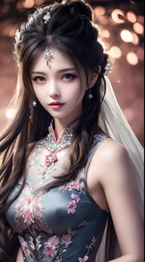 8k ultra hd, mastermiece, a girl, good face, detailed, eyes, beautiful lips, very hong hair, spreading hair, medium breasts, wedding dress, purple dress, in the park, flying birds, blowing winds, clear weather, full body, whole body capture,