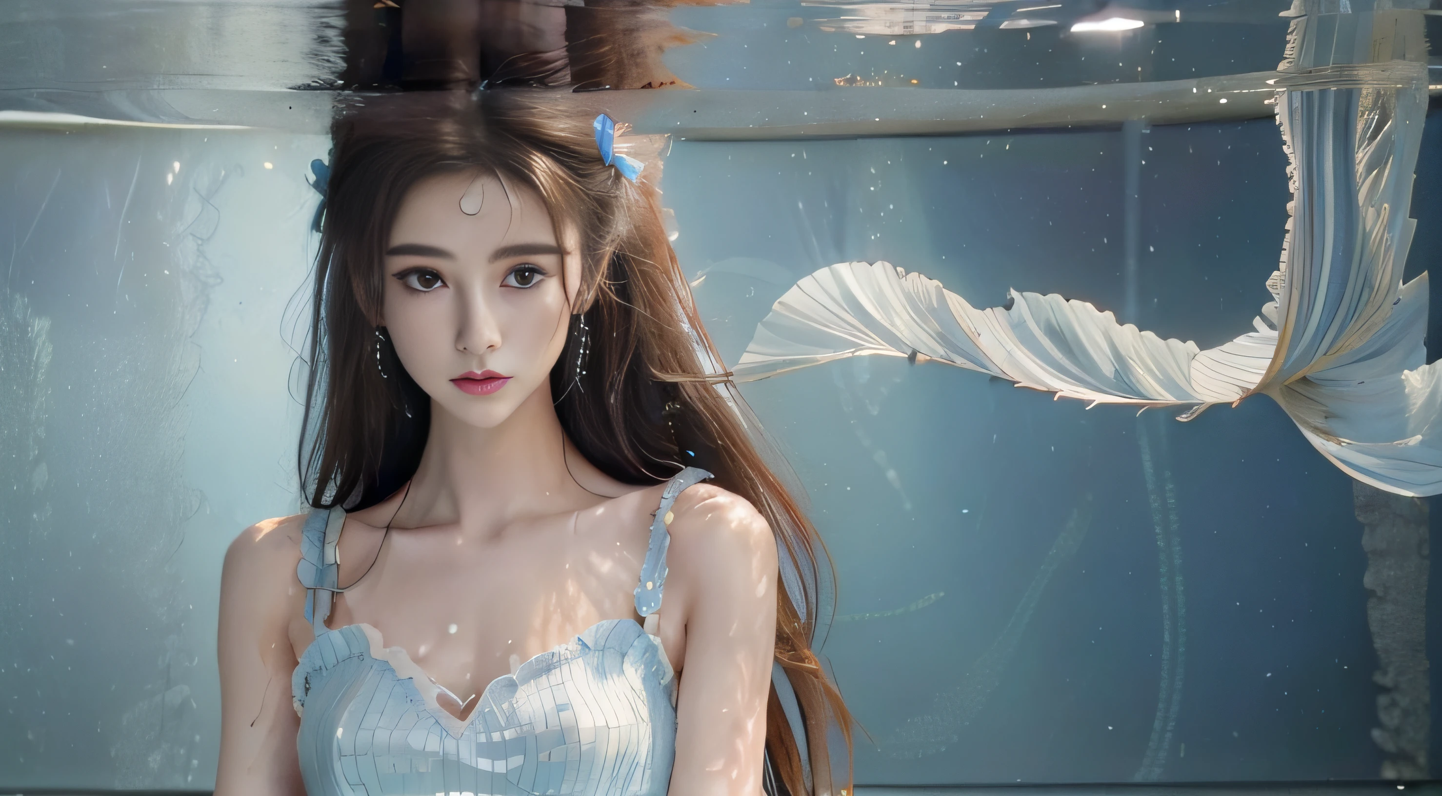 (((masterpiece))),(best quality),(solo),highres, extremely detail CG,wallpaper,extremely detailed figure,Amazing,1girl, (((underwater))),very long hair, detailed face,((beautiful detail light reflective water)),beautiul detail blue eyes and hair,wavy hair,(wite pleated dress)((wet clothes)), (blue ribbons wrapped  the girl ),facing away,((ultra-detailed)),shiny water,((wide shot)),