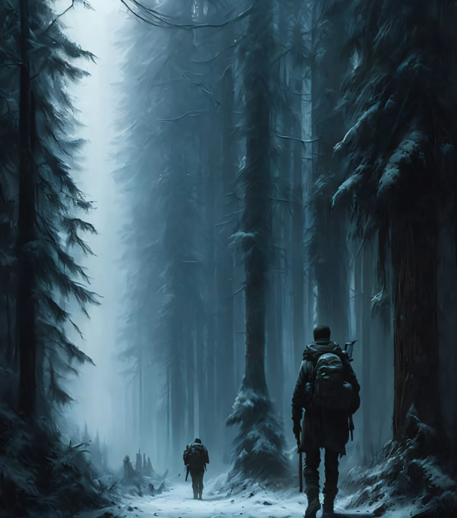 (masterpiece) high detailed RAW, a post apocalyptic man with a backpack is walking through a dark alley way in a forest with tall buildings and trees , hassanfantasy style , by Jeremy Mann and Donato Giancola ultra realistic highly detailed intricate photorealistic