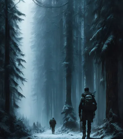 (masterpiece) high detailed raw, a post apocalyptic man with a backpack is walking through a dark alley way in a forest with tal...