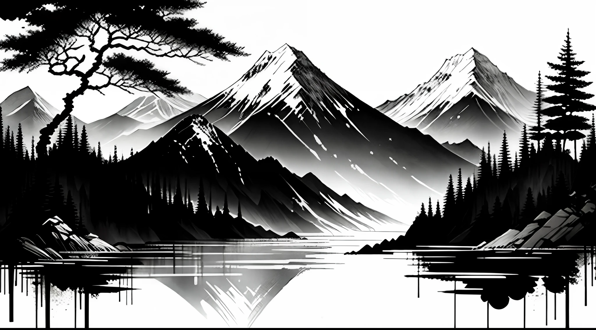 白色背景, 風景, 墨水, 山脉, 水, 树木