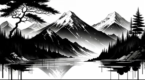 white background, scenery, ink, mountains, water, trees