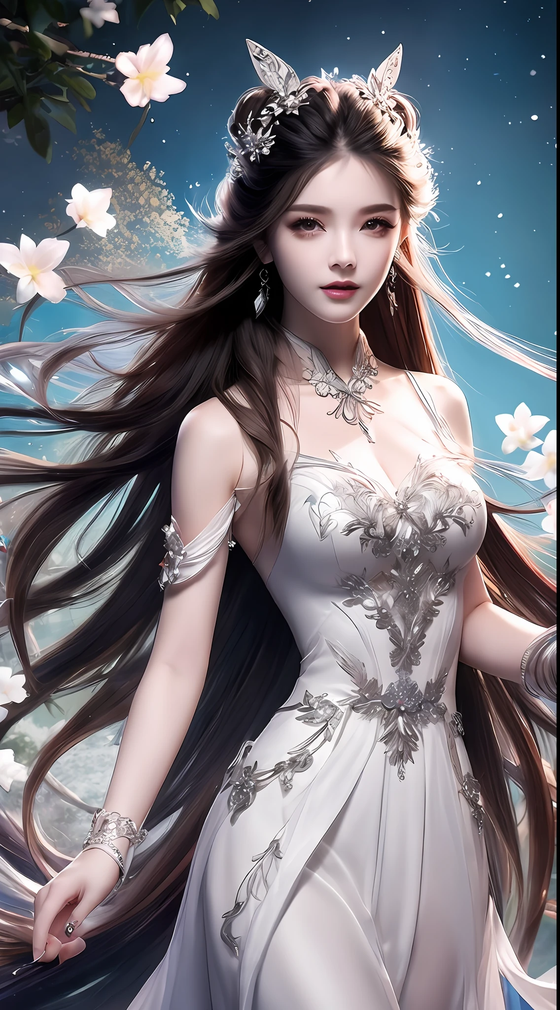 8k ultra hd, mastermiece, a girl, good face, detailed, eyes, beautiful lips, very hong hair, spreading hair, medium breasts, wedding dress, white dress, in the park, flying birds, blowing winds, clear weather, sitting, whole body capture,