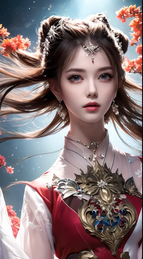 8k ultra hd, mastermiece, a girl, good face, detailed, eyes, beautiful lips, very hong hair, spreading hair, medium breasts, wedding dress, white dress, in the park, flying birds, blowing winds, clear weather, sitting, whole body capture,