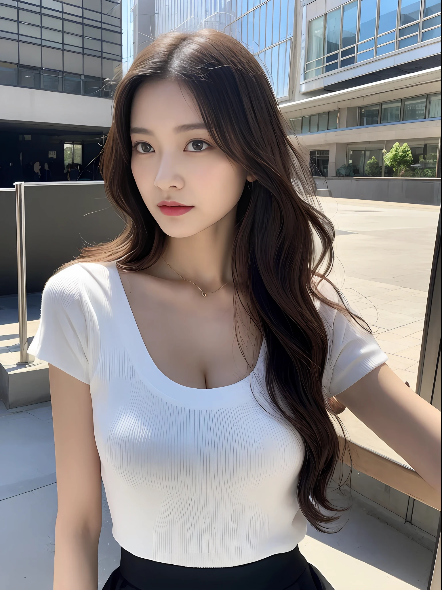 1 girl in, (Best Quality, High resolution, masutepiece :1.3), A tall and pretty woman, Slender Abs, Dark brown hair styled in loose waves, Large breasts, no-good, cleavage of the breast, wearing pendant, White T-shirt, Belt bag, Black skirt, (Modern architecture in background), Details exquisitely rendered in the face and skin texture, Detailed eyes, double eyelid