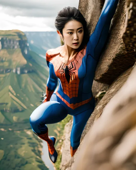 (Masterpiece), (intriciate detail), (Photorealistic:1.3), (film grain), Beautiful Woman, Japanese actress, spider suit, Hanging ...