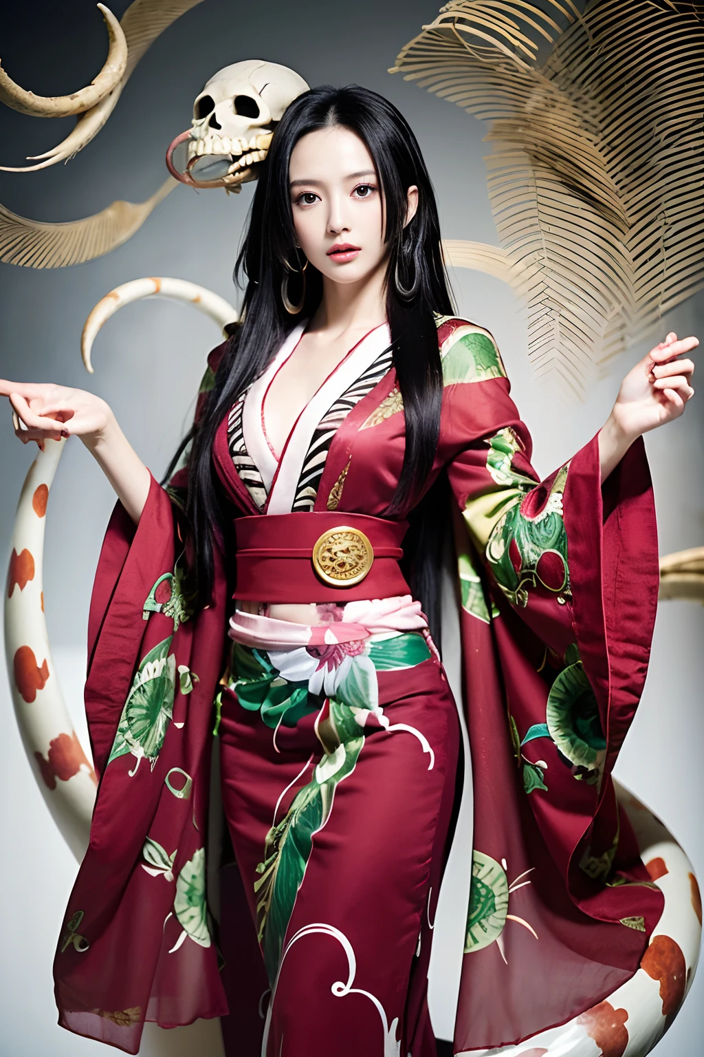 (((chef-d&#39;œuvre+meilleure qualité+Haute résolution+Ultra-détaillé))), boa hancock, longs cheveux noirs soyeux, nez haut, des yeux perçants, tempérament noble et inviolable, (([femelle]: 1.2 + [Beauté]: 1.2 + cheveux longs noirs: 1.2)), serpent_arrière-plan du crâne, yeux pétillants, angle et posture dynamiques. porter un kimono sur tout le corps.
