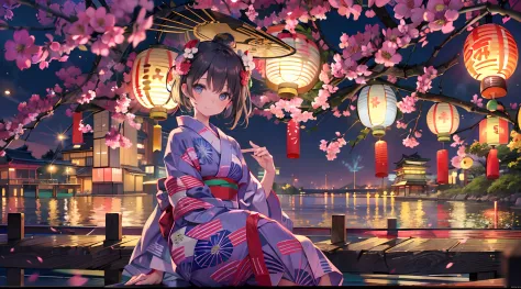 Masterpiece, top quality, super detailed CG, intricate details:1.5), 8k wallpapers, elaborate features,
 perfect cartoon illustration, 1 girl, pretty face, (yukata:1.5), Japan, lantern floating (in Japan), summer, night, big riverside,
