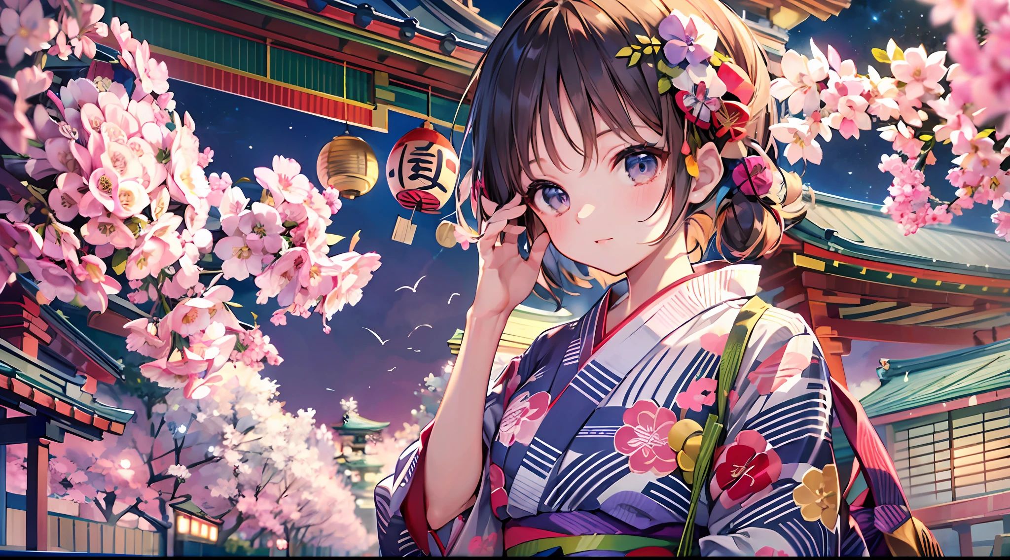 Masterpiece, top quality, super detailed CG, intricate details:1.5), 8k wallpapers, elaborate features,
 perfect cartoon illustration, 1 girl, pretty face, (yukata:1.5), Japan, japanese bon dance, summer, night, summer festival site (Japan)