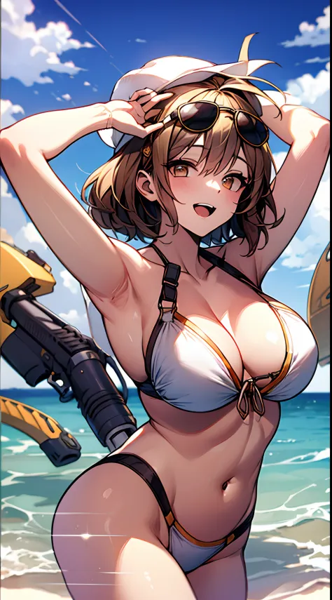 best qualtiy、ultra-detailliert、、1 girl in、独奏、nikkeanis、Cross-eyed、short-hair、open open mouth、large full breasts、Brown hair、hair adornments、Brown-eyed、cowboy  shot、((a white bikini、Sunglasses on the head))、Raise your hands up、spreading arms widely、(Straight...