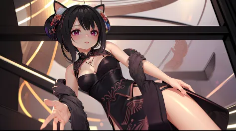 ((Best quality)), ((Masterpiece)), ((Ultra-detailed)), (illustration), (Detailed light), (An extremely delicate and beautiful), Dramatic perspective,A charming young girl,(Lucife-cheongsam),cheongsam,Cute face,(Sexy figure),purple black hair,Red eyes,Radia...