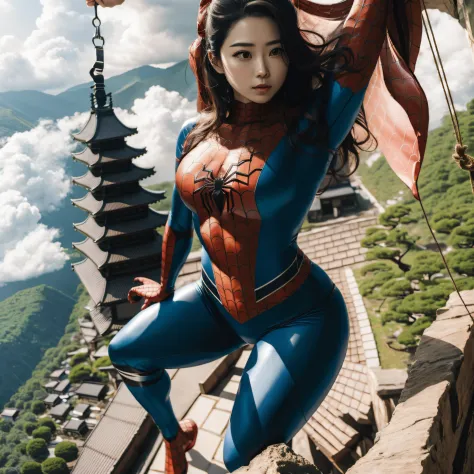 (Masterpiece), (intriciate detail), (Photorealistic:1.3), (film grain), Beautiful Woman, Japan actress, spider suit, Hanging fro...