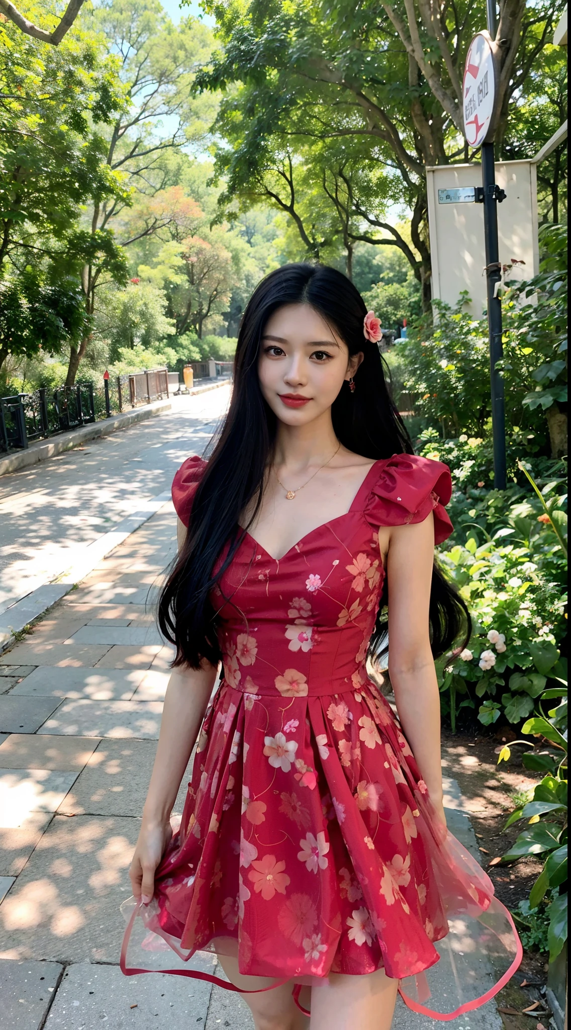 Araki woman in red dress standing on the sidewalk, Red floral dress, ulzzangs, girl wears a red dress, Wearing a red dress, in a red dress, Red dress, wearing flowing dress, Shin Jinying, Album art, in a red dress, xintong chen, Wearing a red cheongsam, beautiful Korean women, Chinese girl