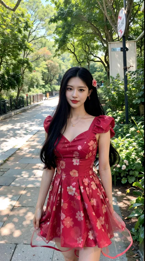 Araki woman in red dress standing on the sidewalk, Red floral dress, ulzzangs, girl wears a red dress, Wearing a red dress, in a...