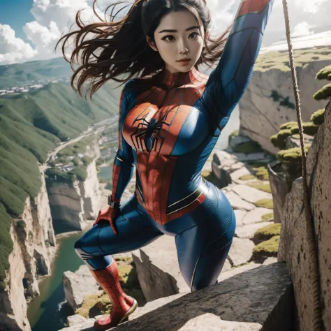 (Masterpiece), (intriciate detail), (Photorealistic:1.3), (film grain), Beautiful Woman, Japan actress, spider suit, Hanging fro...