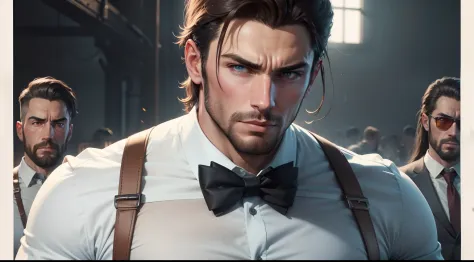 Handsome guy in suspenders，at centre，Critical vision，Complicated details，The action of the iron mountain，Split head