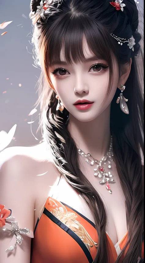 8k ultra hd, mastermiece, a girl, good face, detailed, eyes, beautiful lips, very hong hair, spreading hair, medium breasts, wedding dress, orange dress, in the park, flying birds, blowing winds, clear weather, sitting, whole body capture,