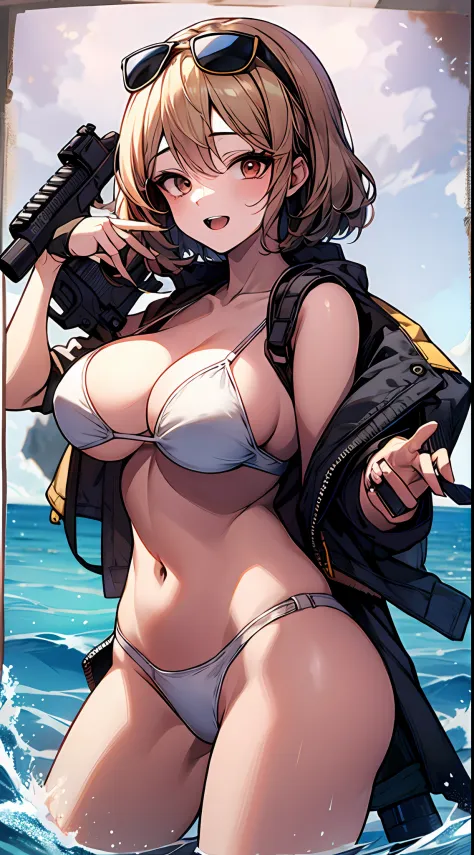 best qualtiy、ultra-detailliert、、1 girl in、独奏、nikkeanis、Cross-eyed、short-hair、open open mouth、large full breasts、Brown hair、hair adornments、Brown-eyed、cowboy  shot、((a white bikini、Sunglasses on the head))、(Hold a large water gun)、blue open sky、(shores)、