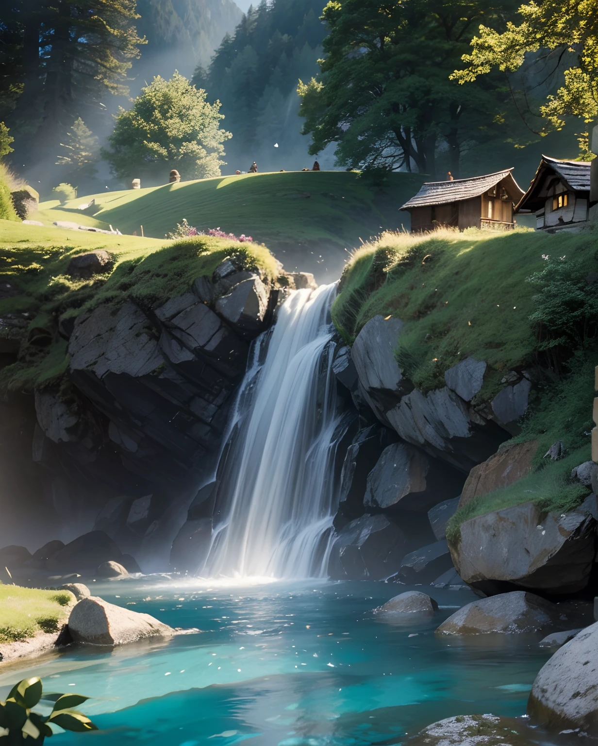 the hobbit, tolkien, a medieval village in switzerland with river and pool, ornate, beautiful, atmosphere, vibe, flowers, concept art illustration, greg rutowski, volumetric lighting, sunbeams, particles, oversaturate, intricate, volumetric lighting, beautiful, rich deep colors masterpiece, sharp focus, perfect composition, intricate detailed octane render perfect composition, beautiful detailed intricate insanely detailed, cinematic perfect light, chiaroscuro, masterpiece