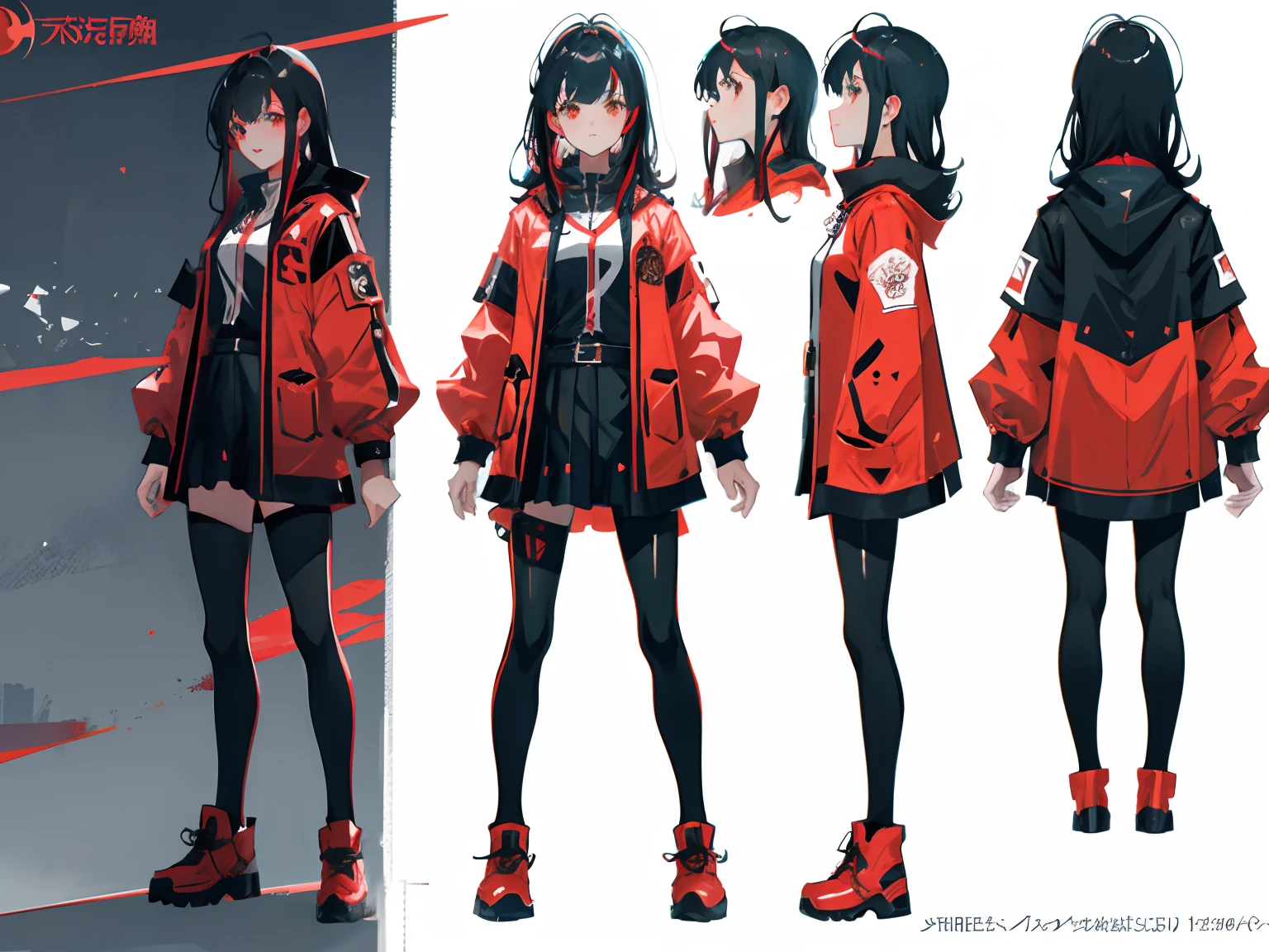 1girll，long leges，Red and black shirts，Red and black skirt，Red and black mechanical windproof boots，Large red and black trench coat，Long black hair，red color eyes，stand posture，Black two-fingered gloves，HighestQuali,4K，Chinese girl design，Genshin detailed art，Anime character design，anime concept art，pretty anime character design，anime character reference sheet，[character  design]，4K，the detail，HighestQuali，Red particles，Red，bloods，eventide