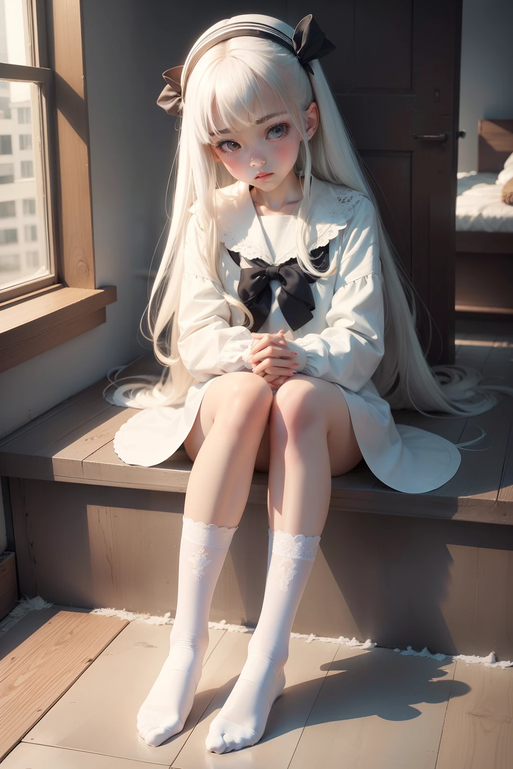 have to pee ,whitestocking,whaite hair,teens girl，Young（tmasterpiece：1.3）， best qualtiy， 2 girls，12 and 10 years old，White hair，Delicate，Rooftop，Sailor suits and JK costumes，adolable，being thin，slim，8 hands two maidens，校服，White lace socks，Lace socks，Thin leg，without wearing shoes，Skinny body，hugs，puss，sofe，white colors