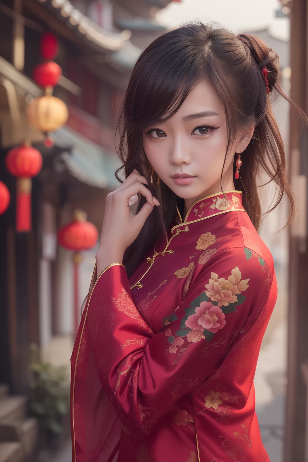 top-quality、​masterpiece、hight resolution、Asian Beautiful Girl、On the streets of China１People Standing、full body Esbian、Red cheongsam、Chest emphasis、slit、Super beautiful face、Super beautiful eyes、Super beautiful hair、lofty nose、a picture、