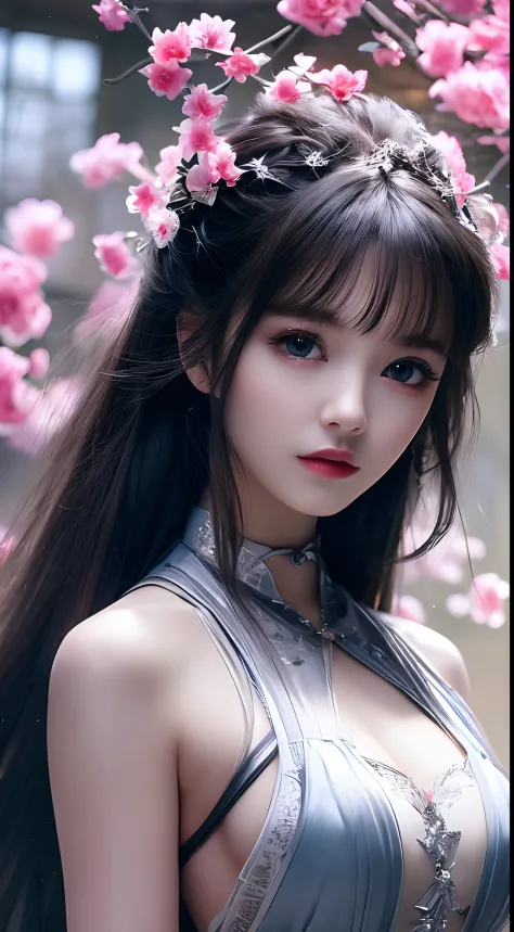 8k ultra hd, mastermiece, a girl, good face, detailed, eyes, beautiful lips, very hong hair, spreading hair, medium breasts, wedding dress, silver dress, in the park, flying birds, blowing winds, clear weather, sitting, whole body capture,