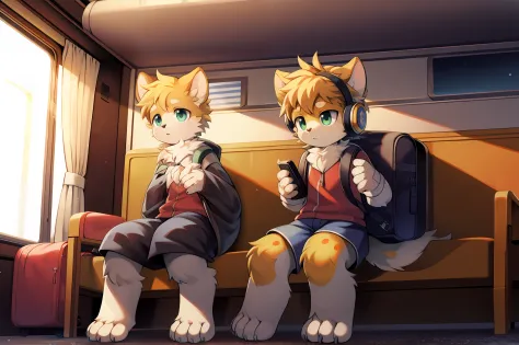 hsnkl, masterpiece, high quality, furry boy.anthro male.cub, sitting by the train window, gazing outside, indoor, train car, young, curious, daydreaming, backpack, headphones, passing scenery