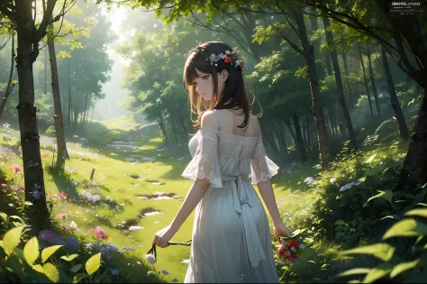(Masterpiece: 1.2), (Best Quality), Detailed, UHD, Cinematic Lighting, Sharp Focus (Illustration: 1.1), Intricate, (Young Woman Walking Picking Flowers: 2), On a Forest Slope, Under a Mountain, large trees covered in undergrowth, the environment transmits ...