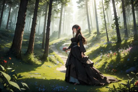 (Masterpiece: 1.2), (Best Quality), Detailed, UHD, Cinematic Lighting, Sharp Focus (Illustration: 1.1), Intricate, Extremely Detailed,(Young Woman Walking Picking Flowers: 2), On The Slope Of A Forest, Below of a mountain, large trees covered with undergro...