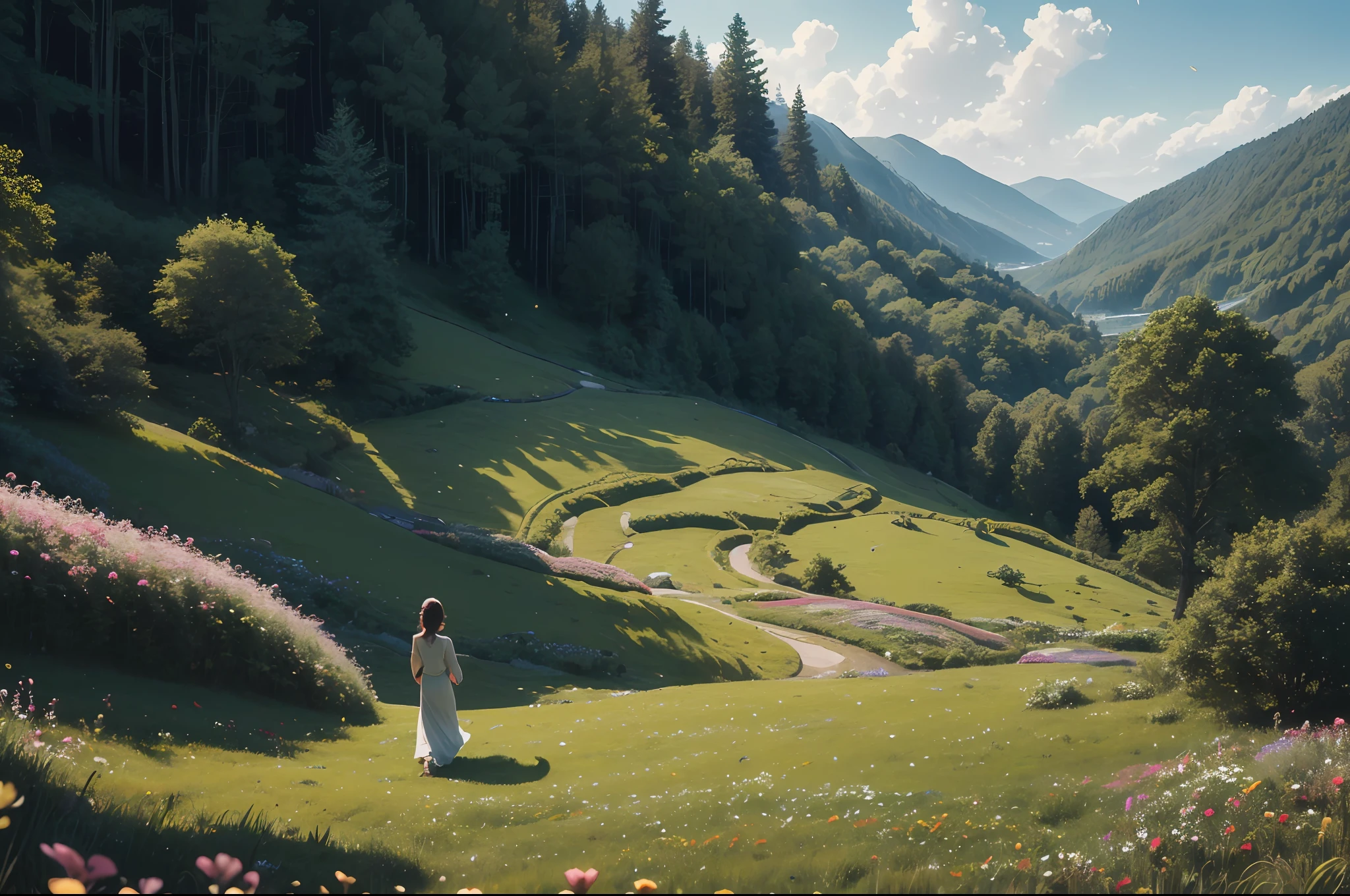 (Masterpiece: 1.2), (Best Quality), Detailed, UHD, Cinematic Lighting, Sharp Focus (Illustration: 1.1), Intricate, Extremely Detailed,(Young Woman Walking Picking Flowers: 2), Down Green Hillside, Under Roof of the forest, with slow and smooth steps leaving the steepness of the mountain, the environment transmits tranquility