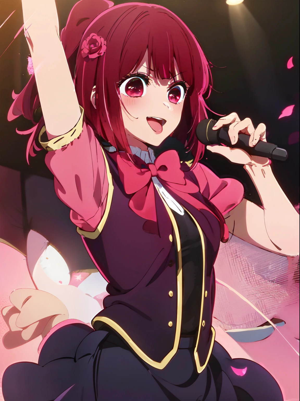 ​masterpiece、ighly detailed、(1 girl in:1.2)、Red hair、big eye、a closeup、A smile、8K、short-hair、animesque、Shining eyes、(((Red Idol Costume))), ((Red dress)), (((Pink gloves))), dance, sings, brilliance, on a stage,Black hair ornament, stage, A light, striated hair, radiant eyes, medium breasts⁩, gloves, Sing with your mouth open, Bottom Black Skirt