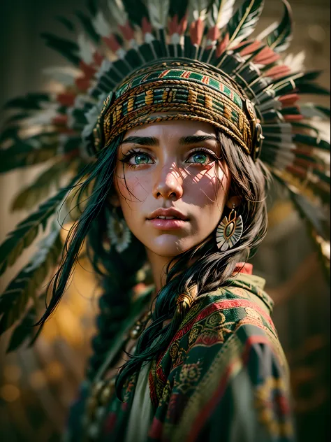 (masterpiece, portrait:1.2), (captivating photograph capturing the face of a Native American woman:1.2), (her dark hair cascading like midnight, framing her features:1.1), (her eyes a striking shade of green, reflecting a deep connection to the land:1.2), ...