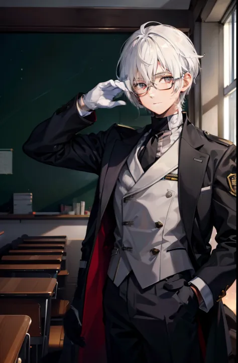 "1 boy with white hair wearing glasses and gloves in a school uniform."