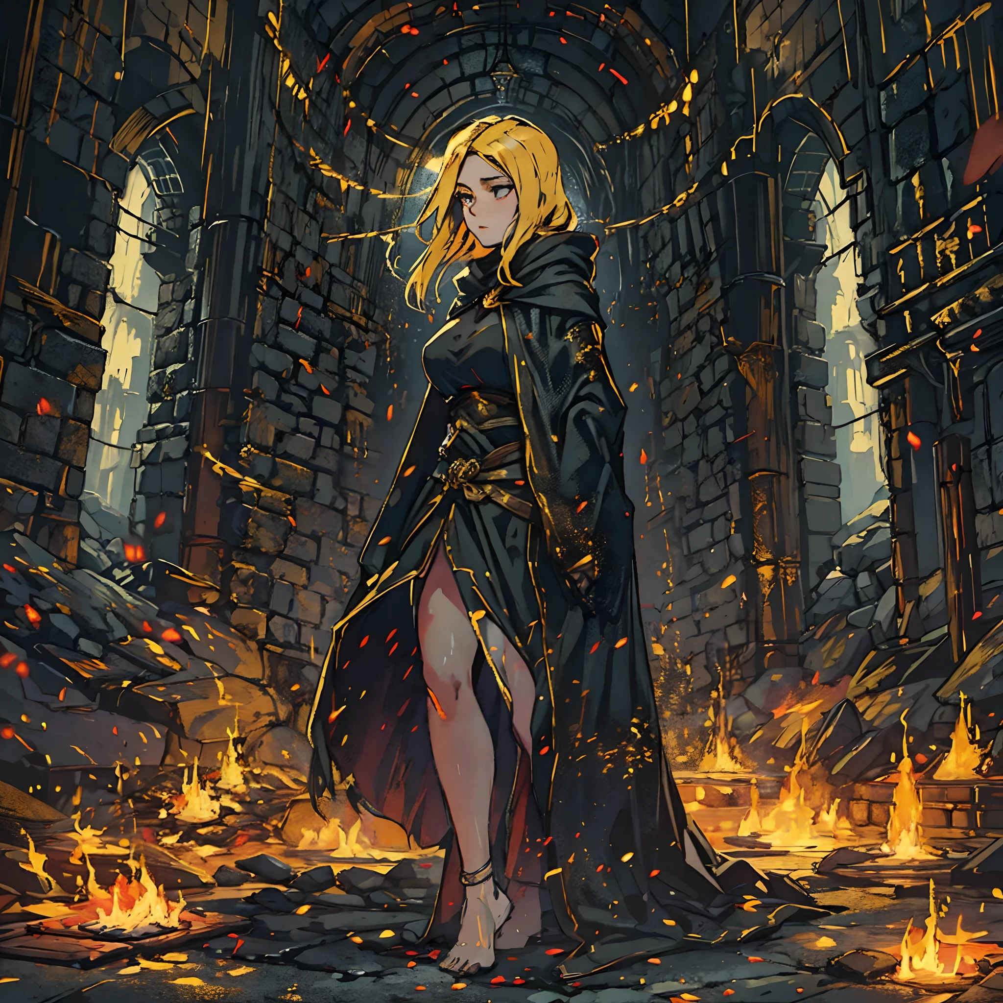 (Masterpiece, best_quality), 1girl, a beautiful woman in a black_robe, golden_hair, golden_linings, Firekeeper_Dark_Souls_3, Dark_souls_3, Fire, Ashes, Shrine, Firelink_Shrine, underground, wide_hips, Somber_atmosphere, Vivid, bright, high_contrast, thick_thighs