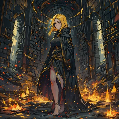 (masterpiece, best_quality), 1girl, a beautiful woman in a black_robe, golden_hair, golden_linings, firekeeper_dark_souls_3, dar...