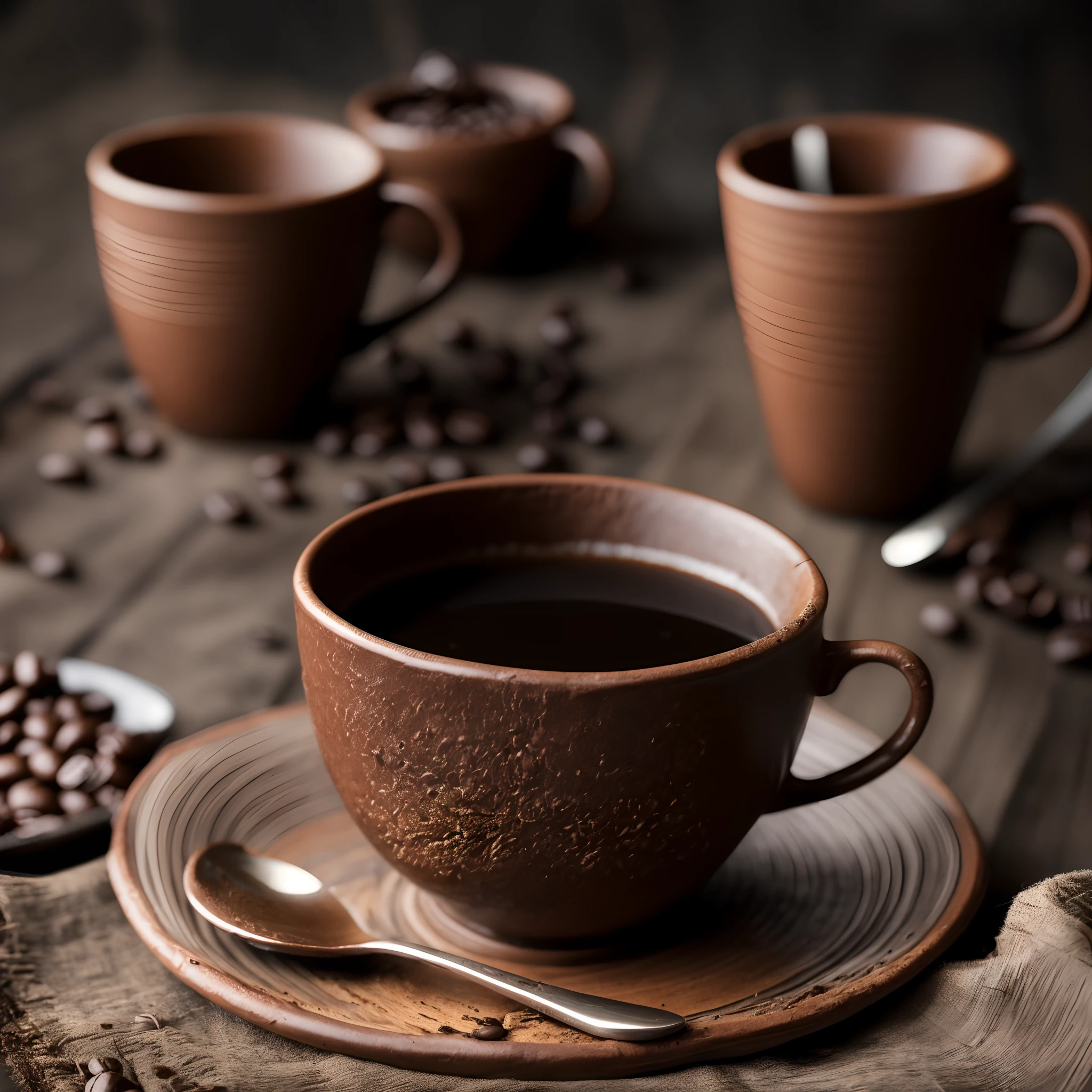 café tostado y granos esparcidos sobre un paño con una taza de café de arcilla, humo fino, fotografiado con una cámara macro ultra realista HDR de 35 mm