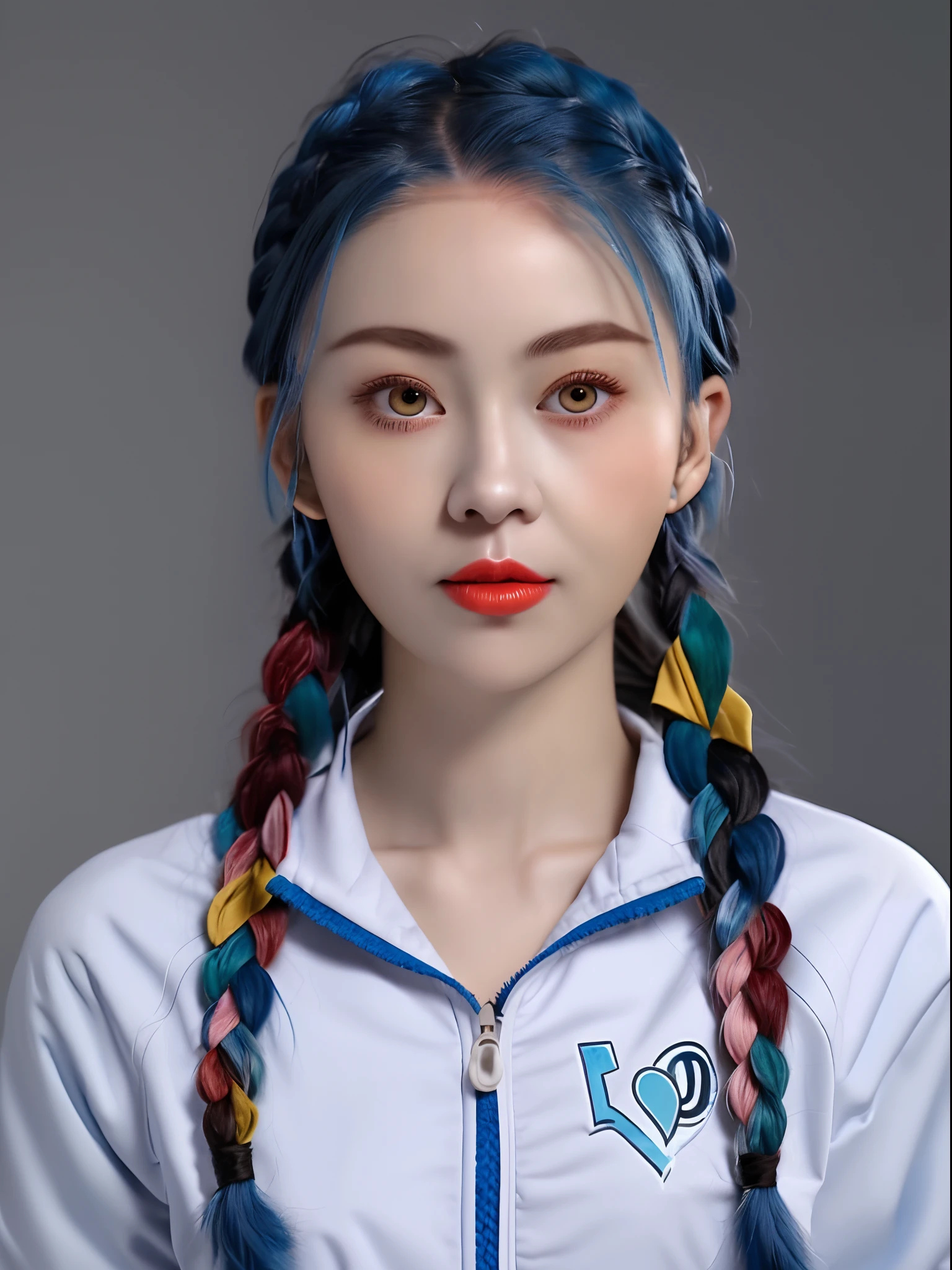 Close up of a woman with blue hair and white jacket, colorful pigtail, two long braids blue, two blue braids, braid hairstyle, long braided blue hair, Blue braided hair, blue hairs，Two long braids, Double long braid blue, double very long braids blue, Twin tail hairstyle, portrait of female korean idol, two pigtails hairstyle, Korean girl