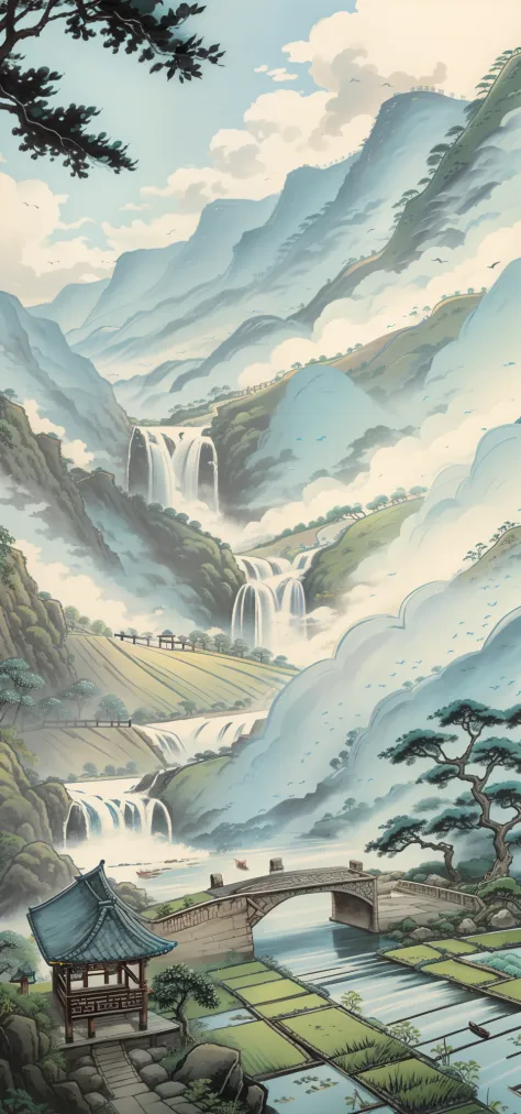 Chinese landscape painting,big trees，Stone waterfall，flowingwater,Far Tree,weeds,small boats,jetty,Sky blank clouds,Five or six ...